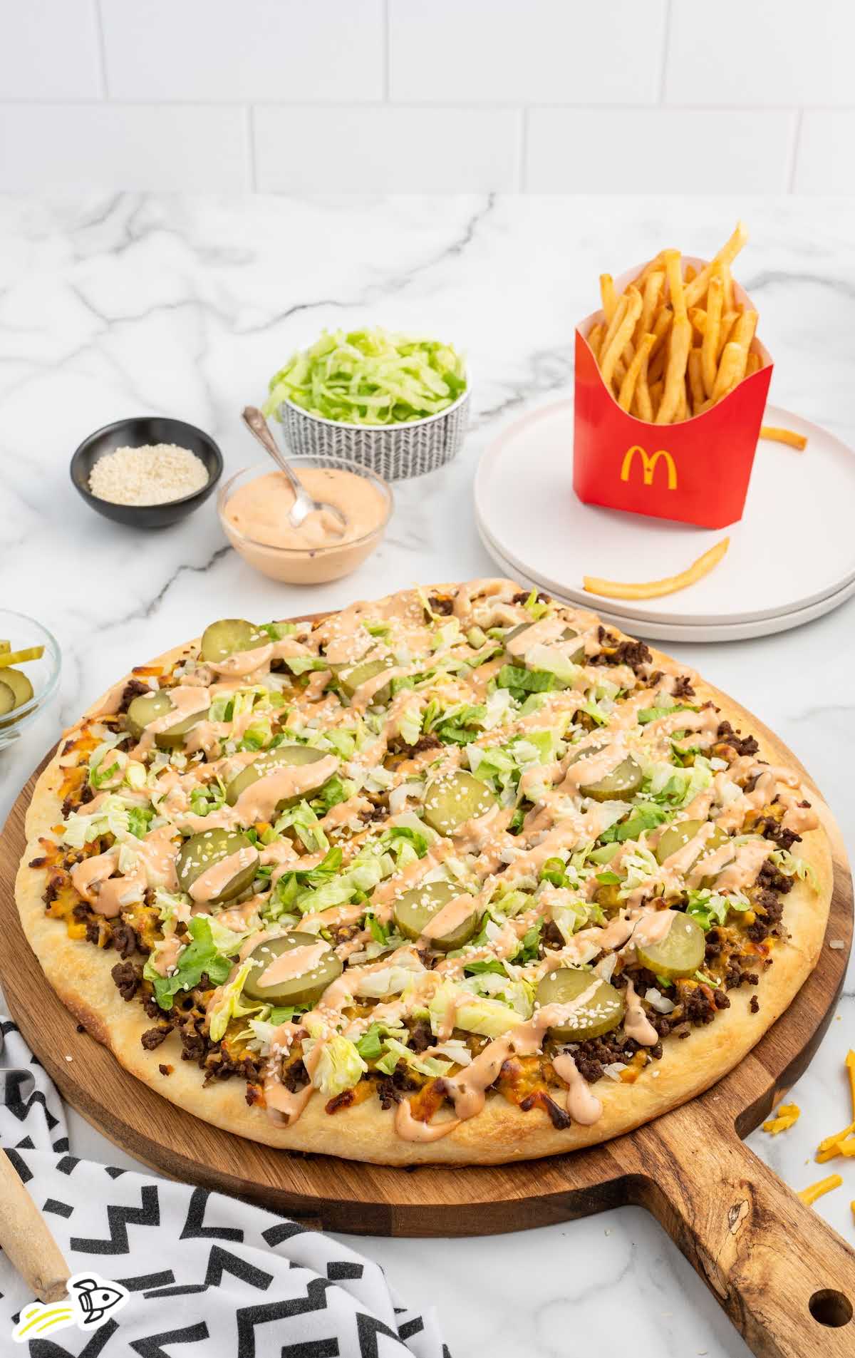 Big Mac Pizza on a pizza tray