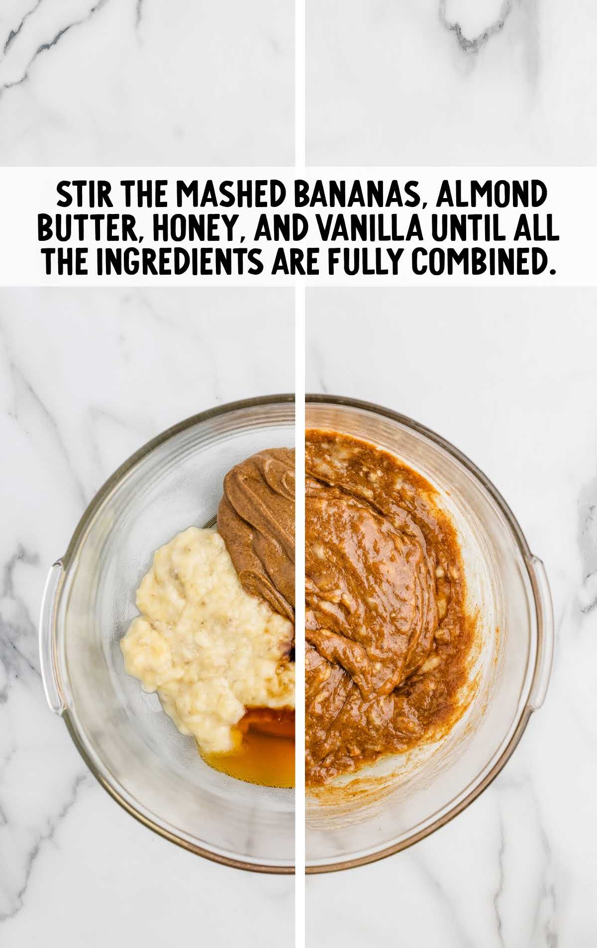 mashed bananas, almond butter, honey, and vanilla extract combined in a bowl