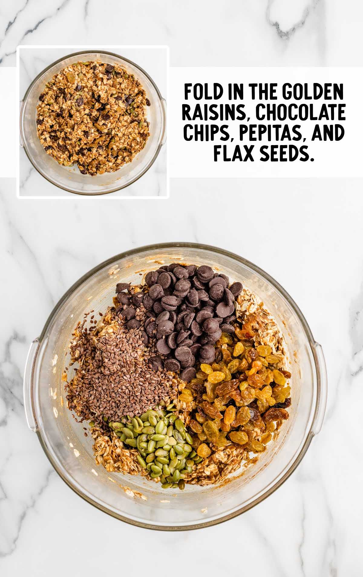 golden raisins, dark chocolate chips, pepitas, and flax seeds combined in a bowl