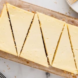 Cheesecakes sliced on a serving tray