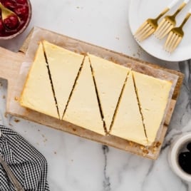 Cheesecakes sliced on a serving tray