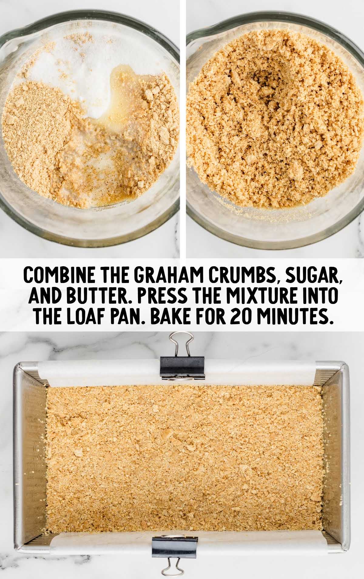 graham cracker crumbs, melted salted butter, and granulated sugar combined in a bowl and then pressed into the loaf pan