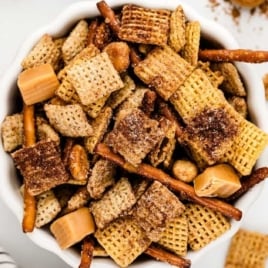 a bowl of Churro Chex Mix