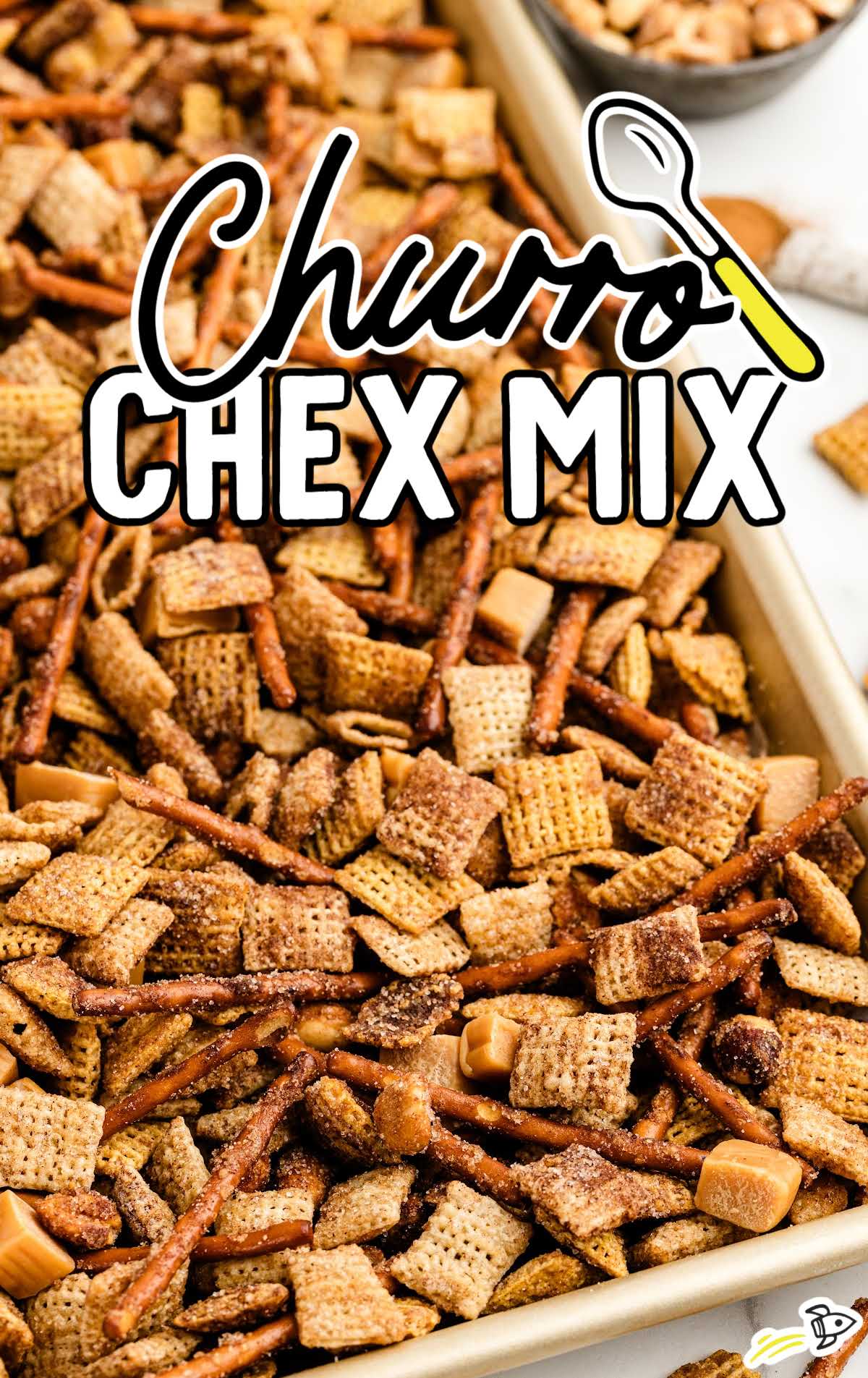 a pan of Churro Chex Mix