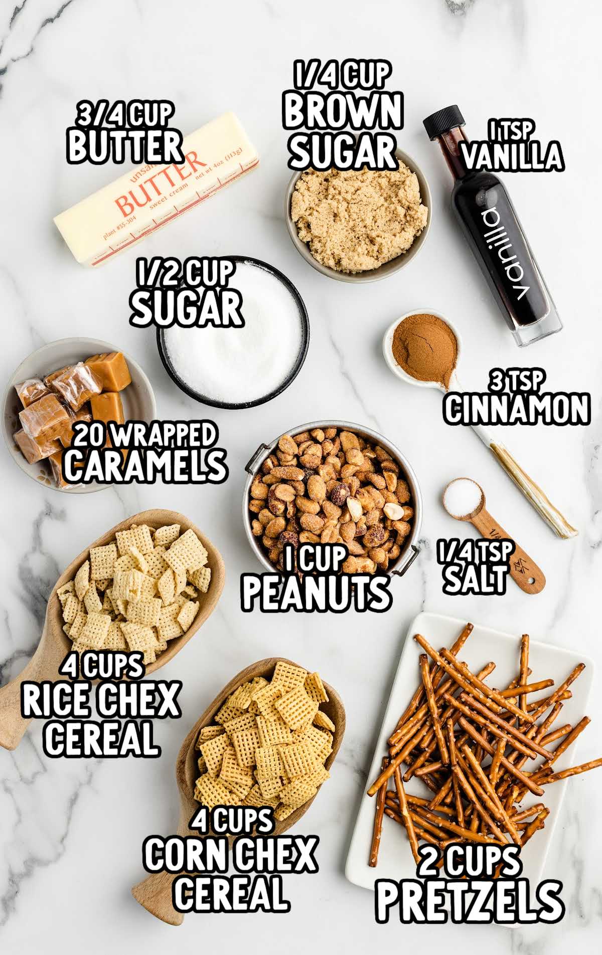 Churro Chex Mix raw ingredients that are labeled