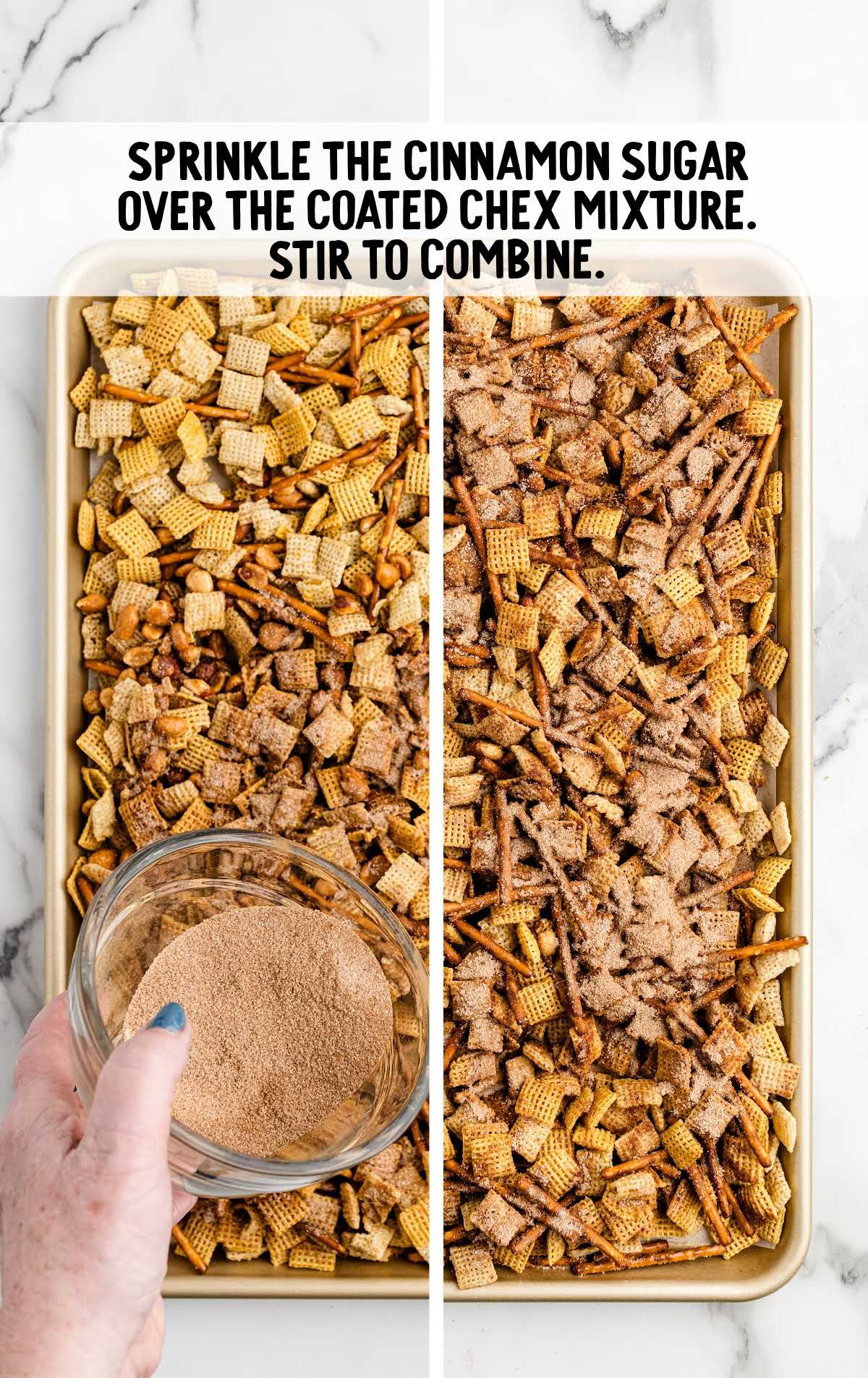 cinnamon sugar mixture sprinkled over the coated Chex mixture on a baking sheet