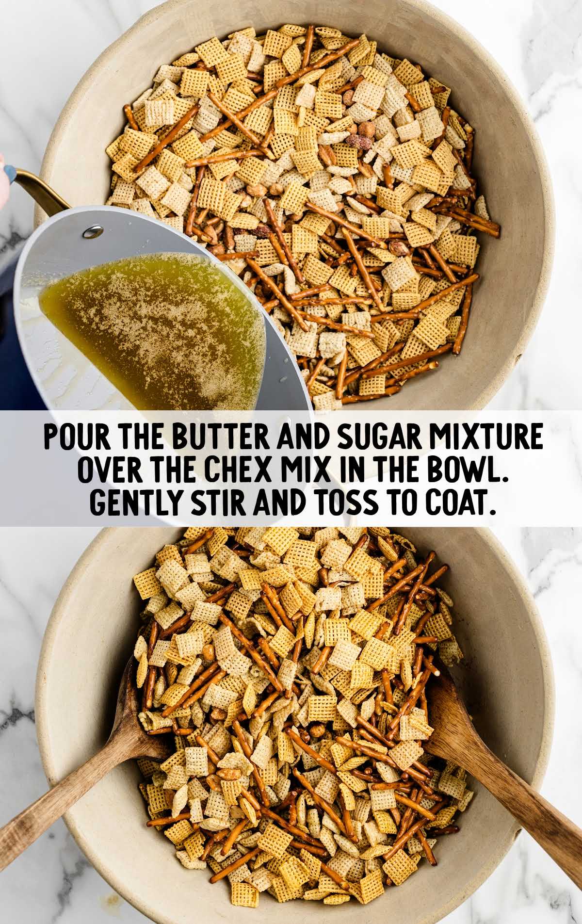 melted butter and sugar mixture poured over the Chex mix in the bowl