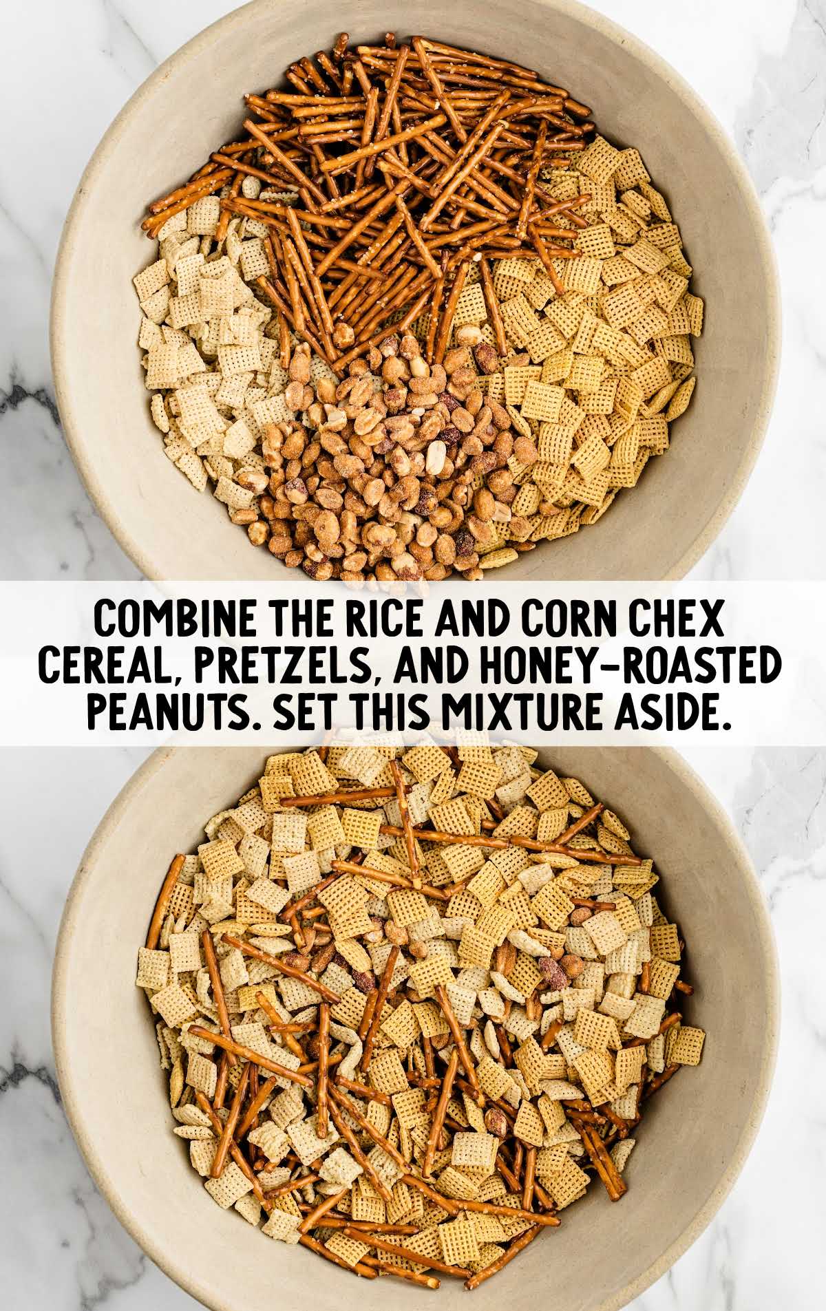 Rice Chex cereal, Corn Chex cereal, stick pretzels, and honey-roasted peanuts combined in a bowl