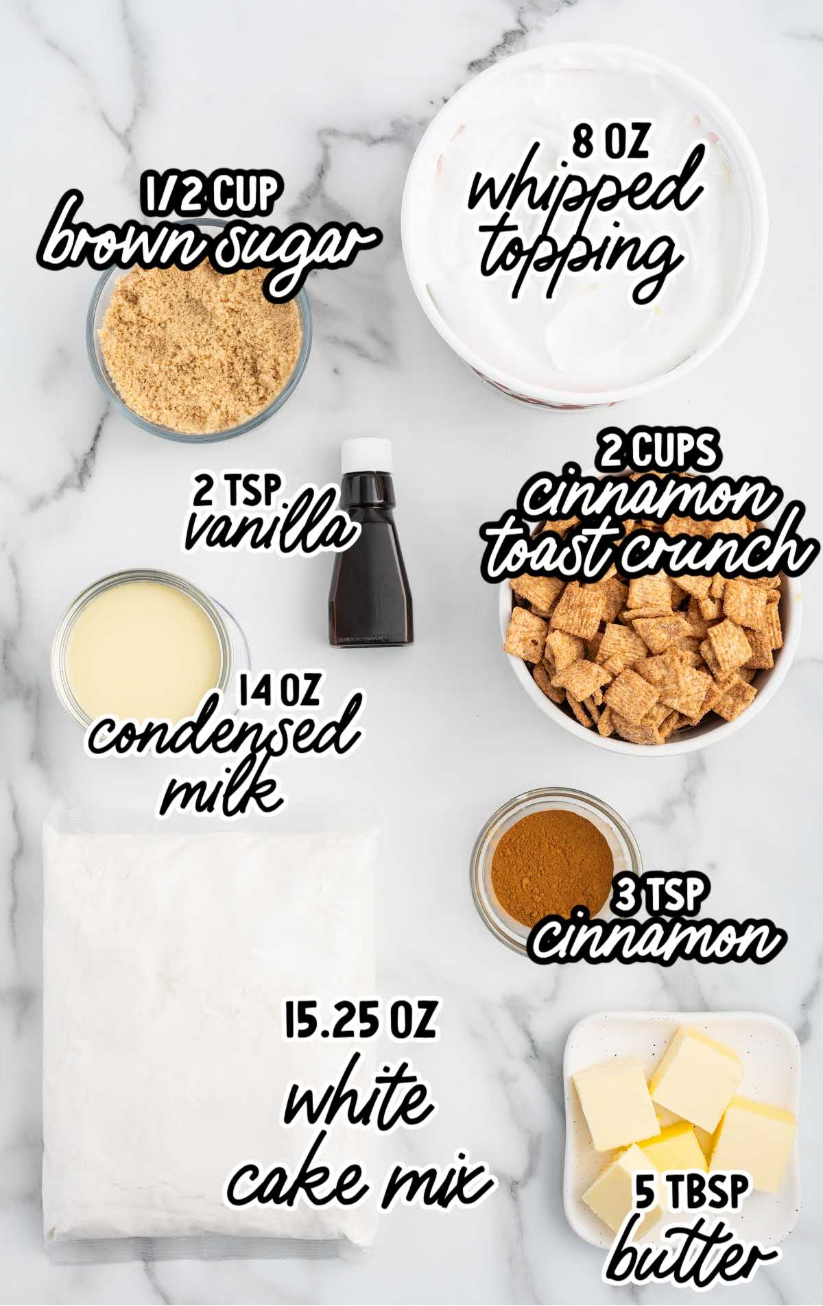 Cinnamon Toast Crunch Poke Cake raw ingredients that are labeled