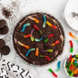 overhead shot of a dirt pie covered in gummy worms.