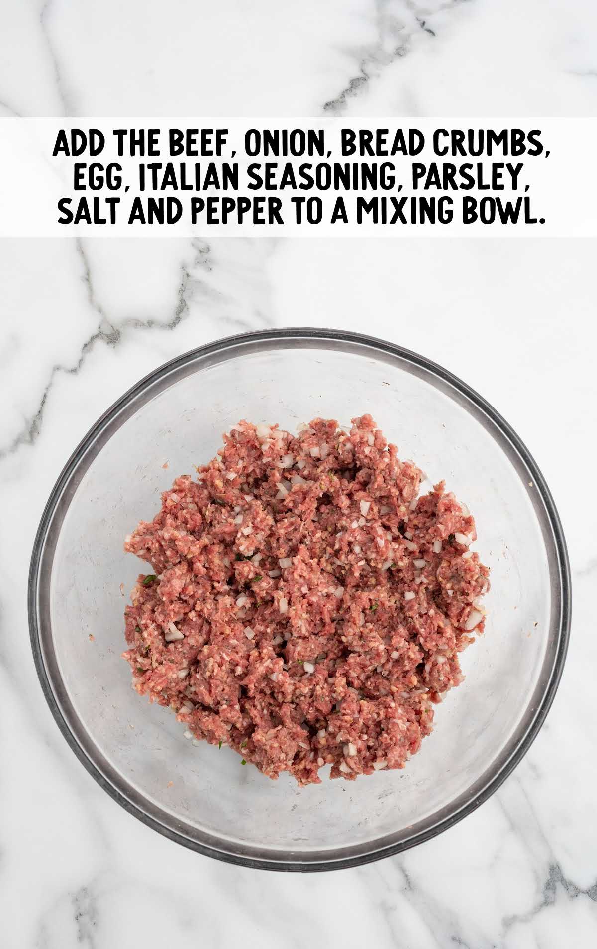 ground beef, chopped onion, bread crumbs, beaten egg, Italian seasoning, 1 teaspoon chopped parsley, kosher salt, and black pepper combined in a bowl