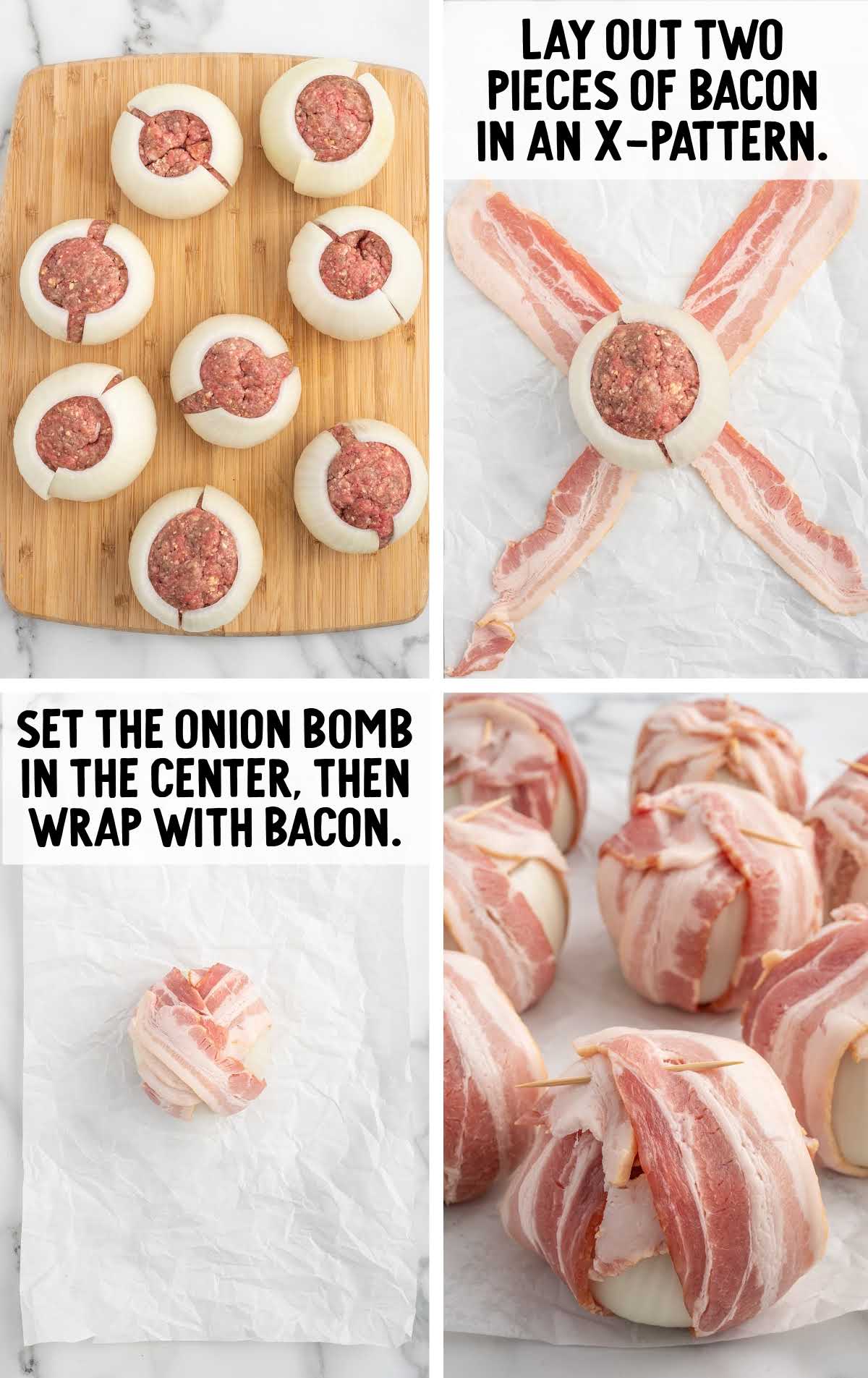 Onion Bombs wrapped in slices of bacon