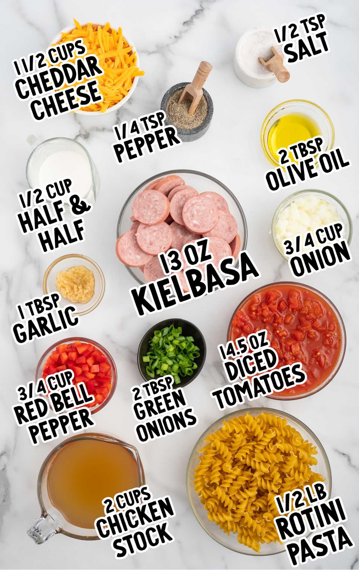 Pasta Recipe with Kielbasa raw ingredients that are labeled