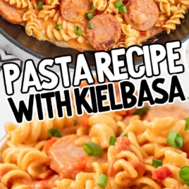 a skillet and plate of Kielbasa pasta garnished with green onions