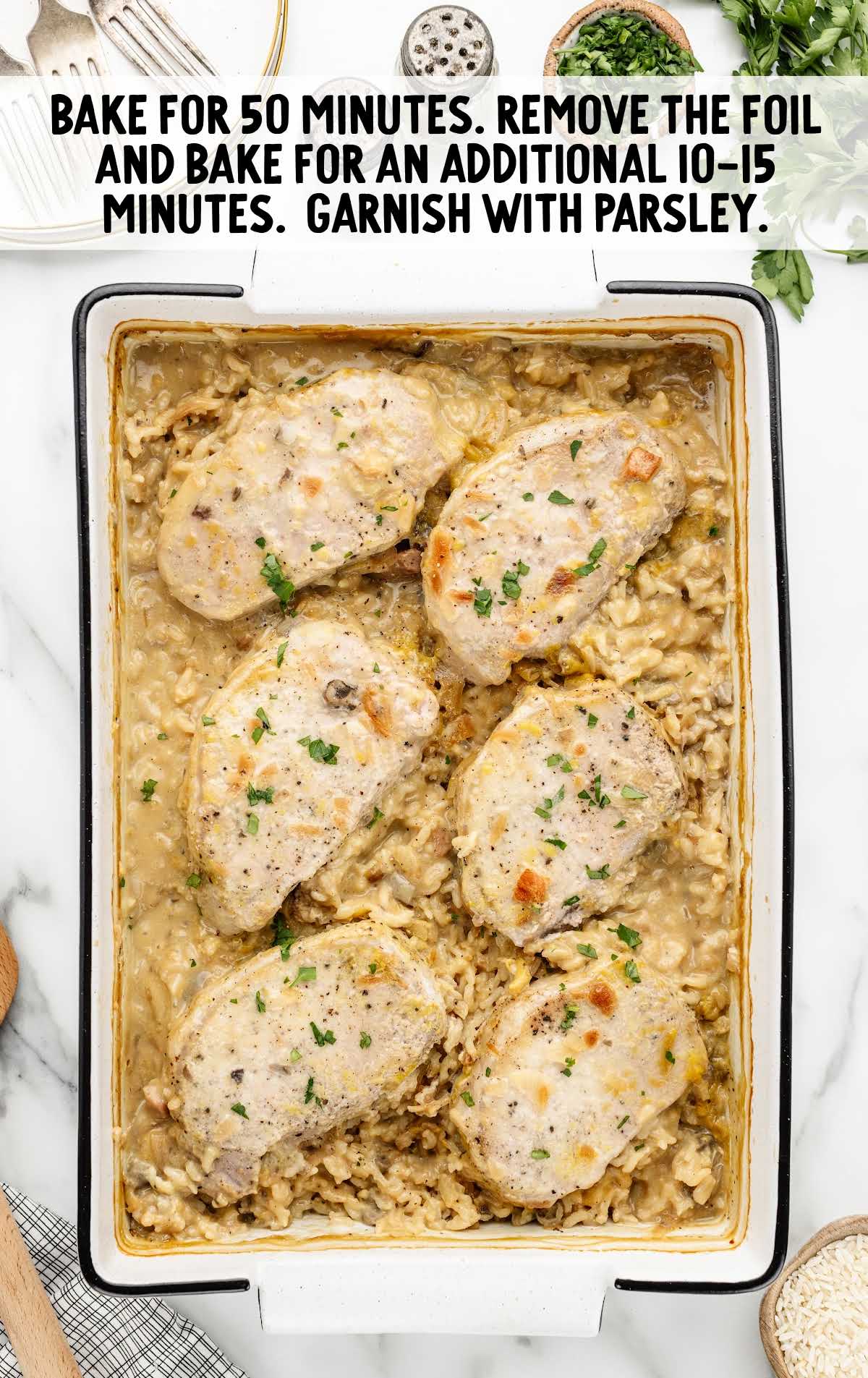 Pork Chop and Rice baked in a baking dish