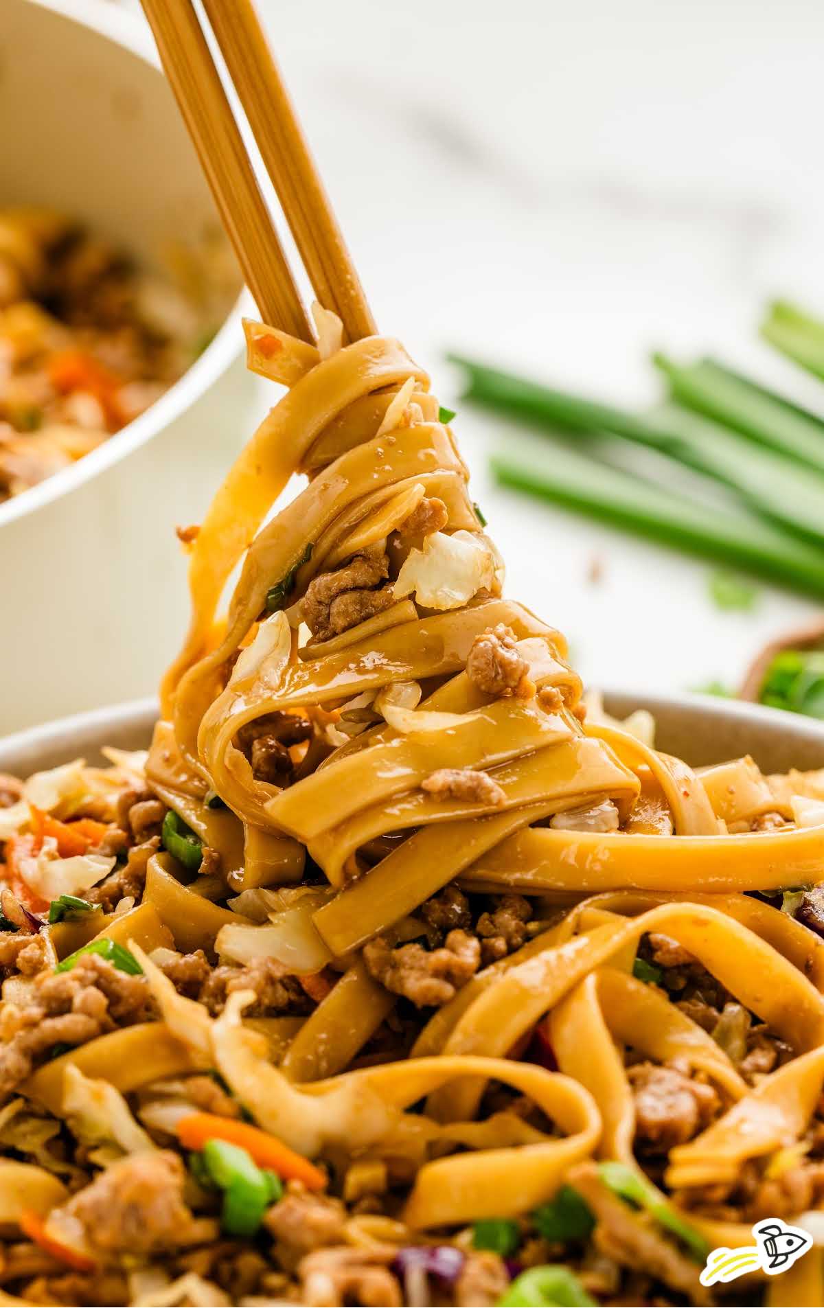 a bowl of Potsticker Noodles garnished with green onions