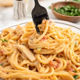 a plate of Chicken Spaghetti garnished with parsley with a fork