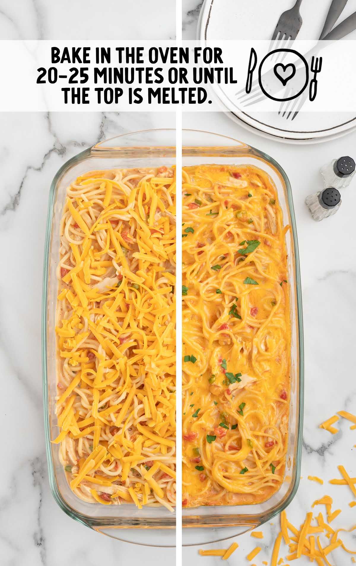 Chicken Spaghetti baked in a baking dish