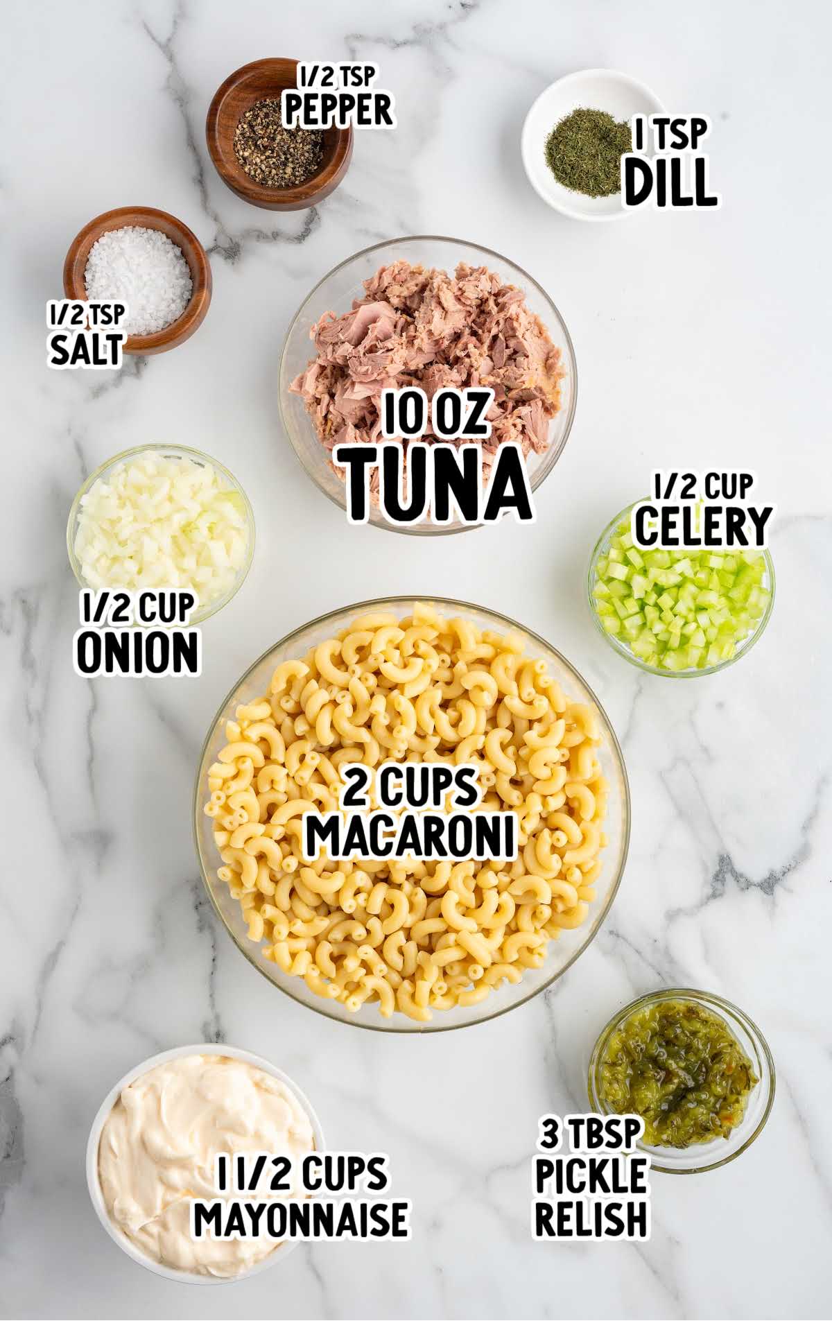 Labeled ingredients for tuna macaroni salad including tuna, macaroni, mayonnaise, onion, celery, pickle relish, dill, salt, and pepper
