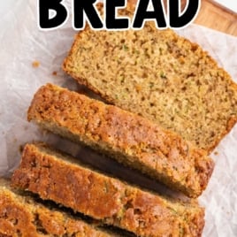 Text overlay image reading “Moist & Tender Zucchini Bread – Easy Stir-Together Recipe” with slices of bread laid out.