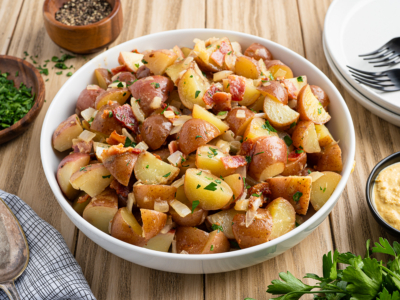 A white bowl filled with chopped German Potato Salad, garnished with parsley and bits of bacon, sits on a wooden table surrounded by plates, forks, fresh herbs, and small bowls of condiments.