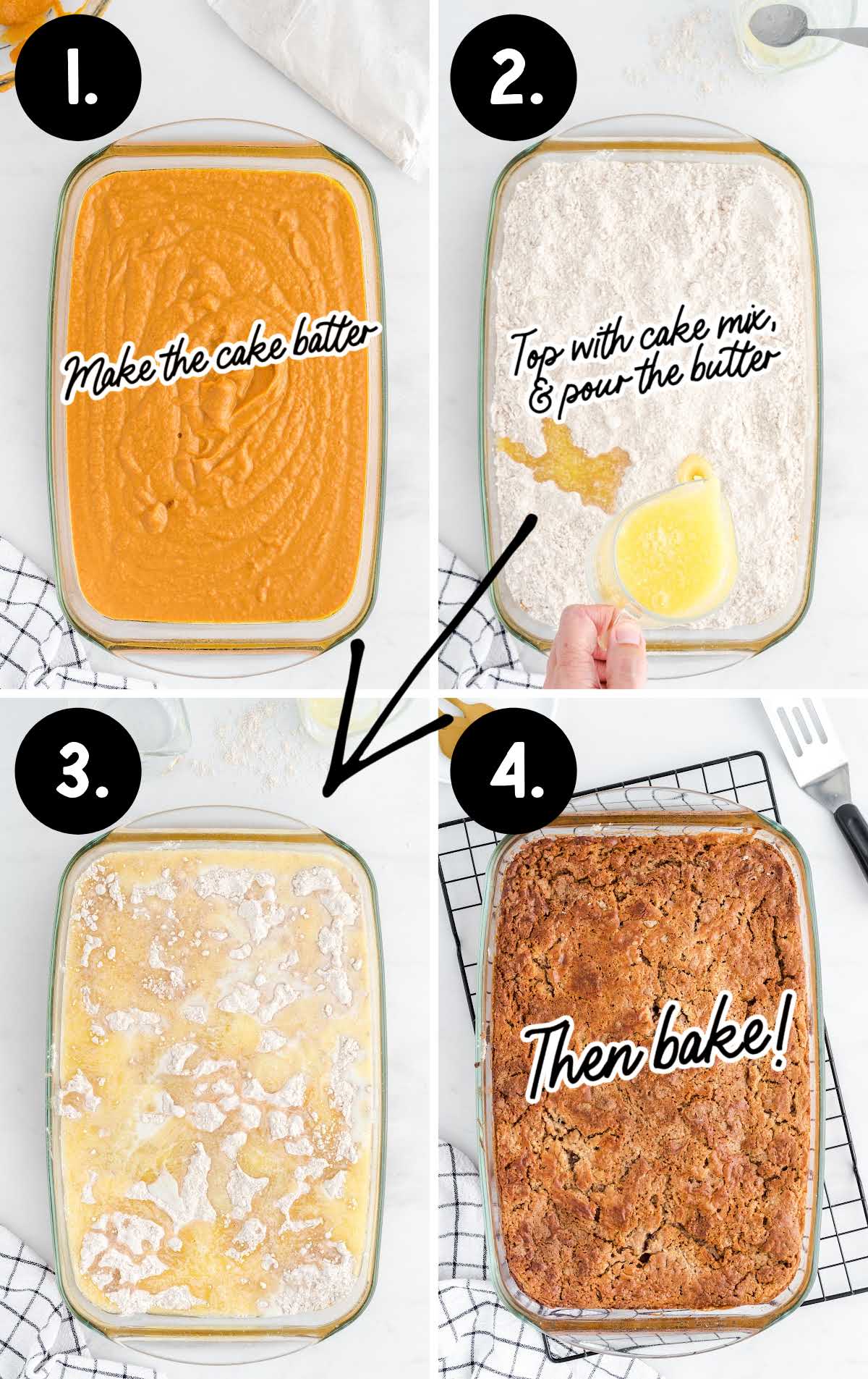 Four photo collage showing steps to make pumpkin dump cake: mix batter, top with cake mix, add butter, and bake.