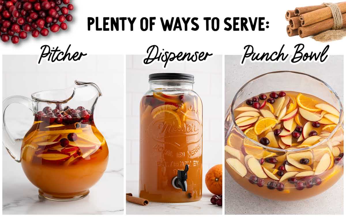 Three ways to serve Fireball apple cider sangria shown in a pitcher, drink dispenser, and punch bowl filled with apples, oranges, and cranberries.