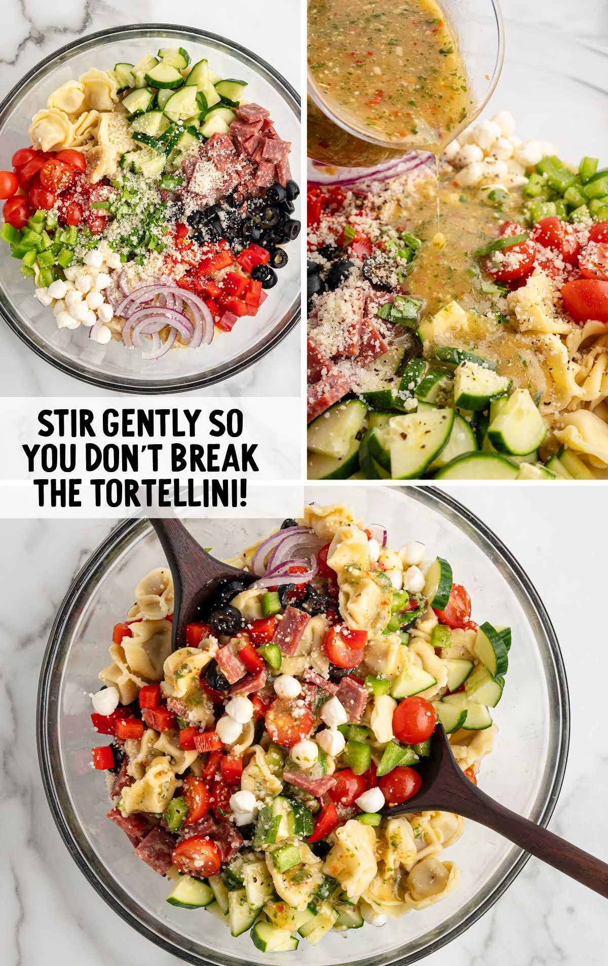 Step-by-step images showing ingredients arranged in a bowl, dressing poured over, and tortellini pasta salad being mixed.