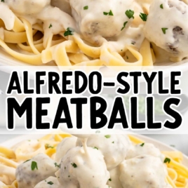 a plate of Alfredo Sauce with Meatballs served over pasta and garnished with parsley