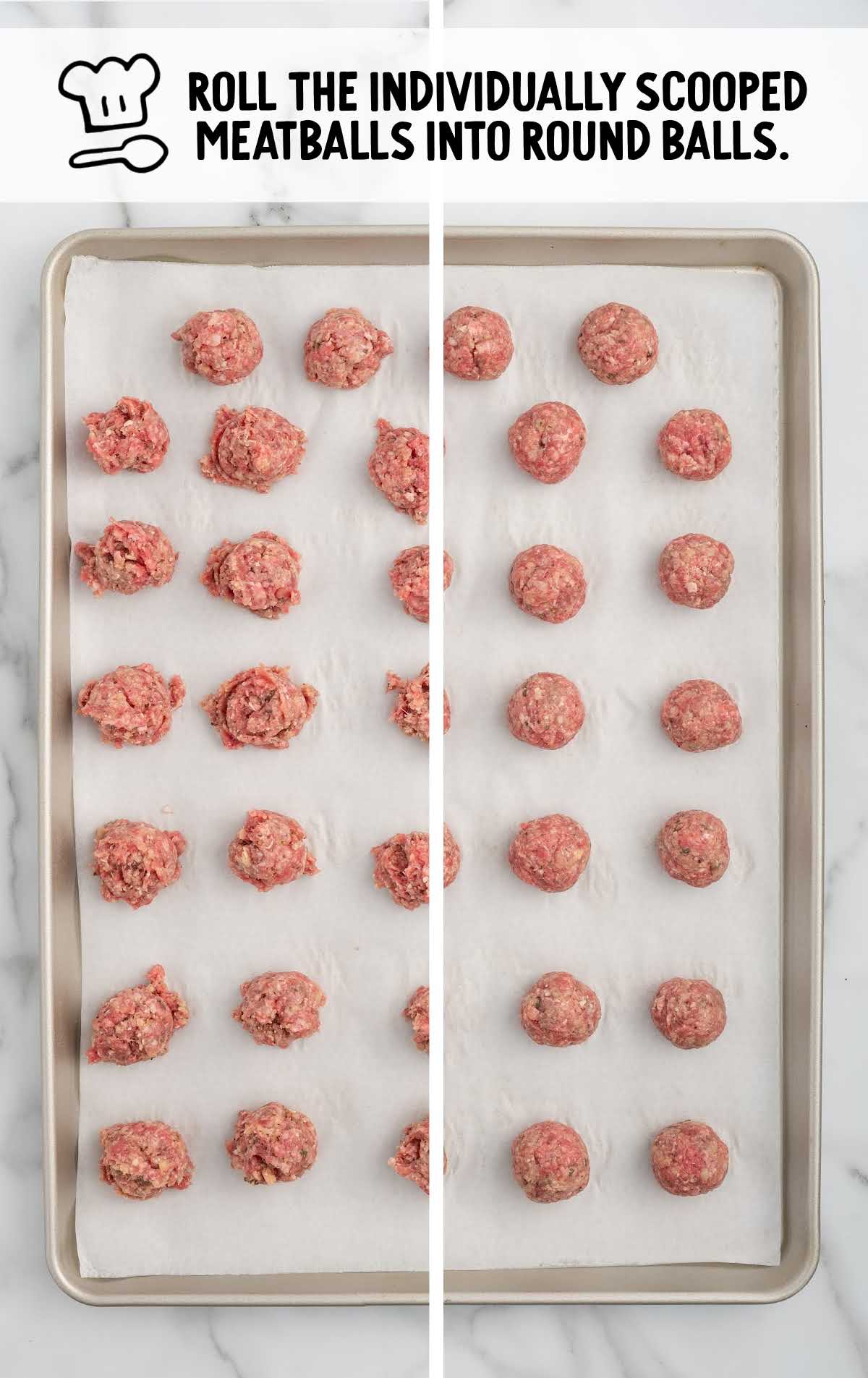 meatball mixture rolled and scooped onto a baking sheet 