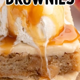 Apple brownies topped with ice cream and caramel sauce, with text overlay “Easy Homemade Apple Brownies – So Much Rich Fall Flavor!”