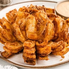 a plate of Awesome Blossom with a bowl of dipping sauce