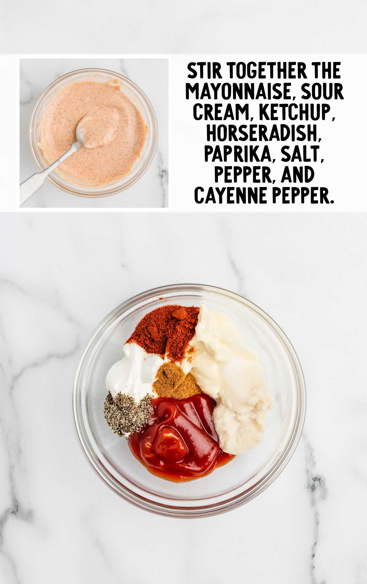 mayonnaise, sour cream, ketchup, prepared horseradish, sweet paprika, salt, black pepper, and cayenne pepper combined in a bowl