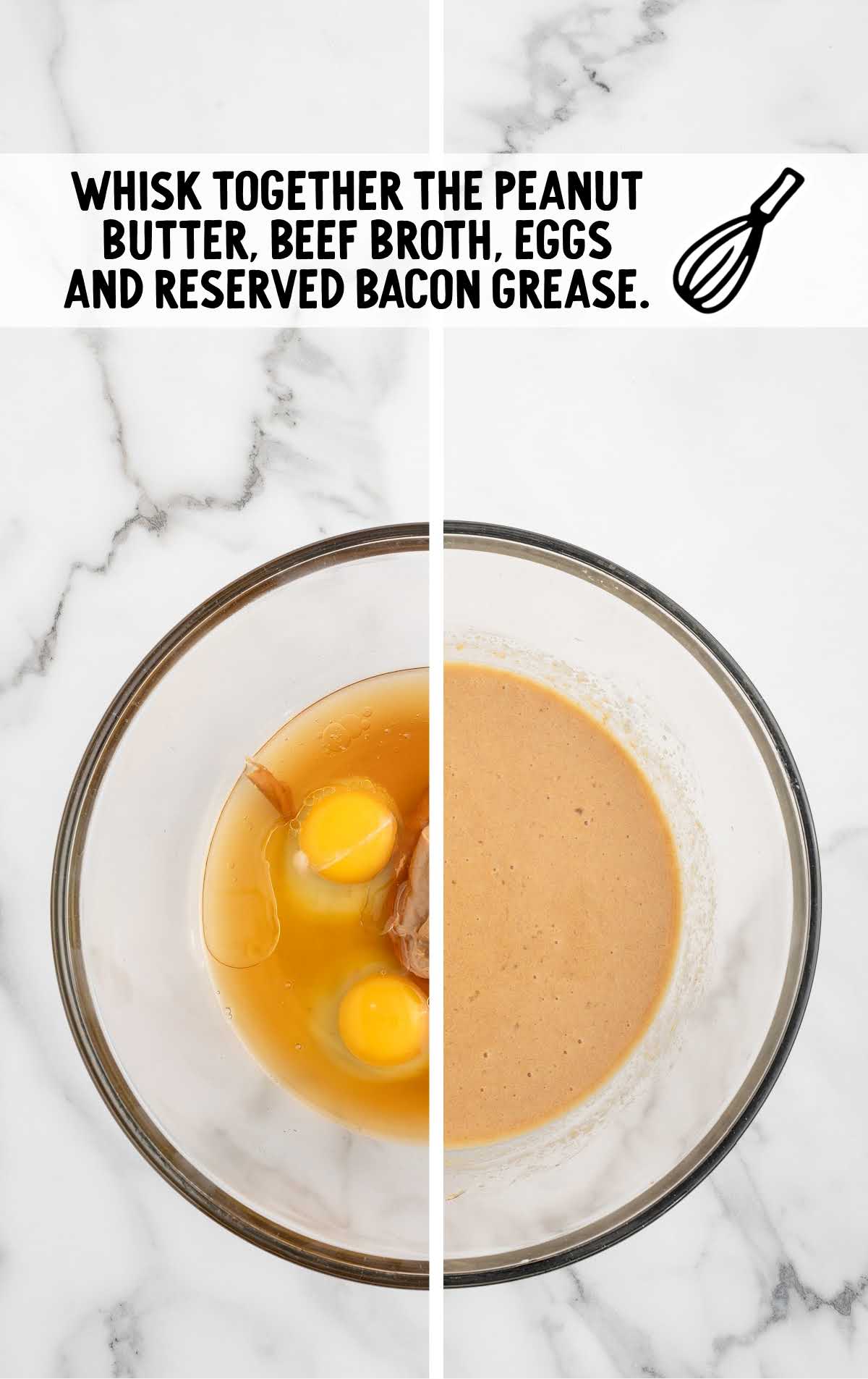 peanut butter, beef broth, extra-large eggs, and bacon grease combined in a bowl