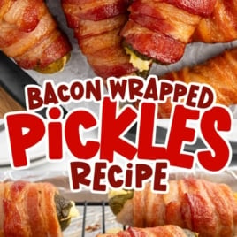 a bunch of Bacon Wrapped Pickles with a bowl of dipping sauce