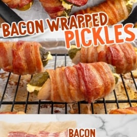 a bunch of Bacon Wrapped Pickles with a bowl of dipping sauce