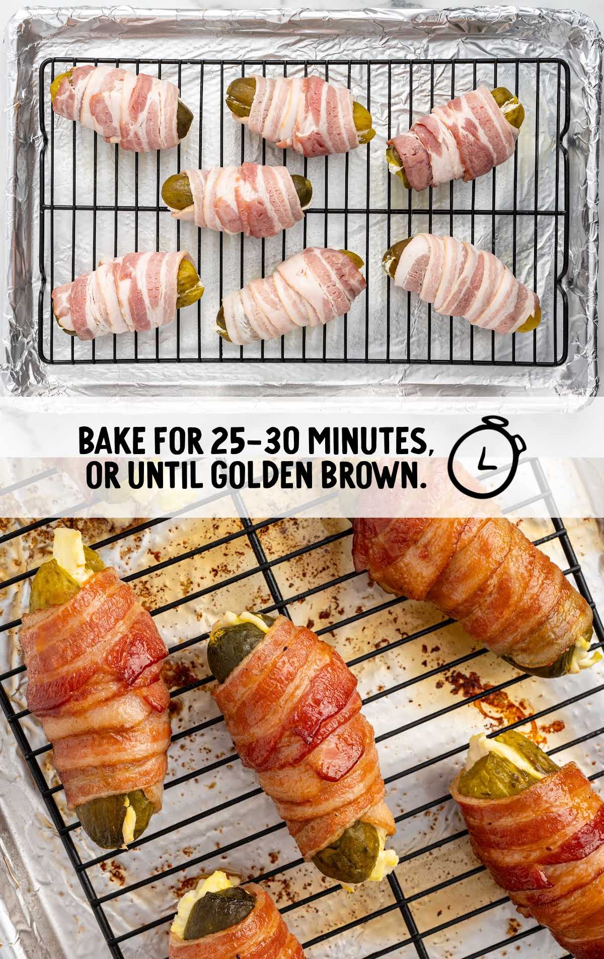 Bacon Wrapped Pickles baked on a baking dish