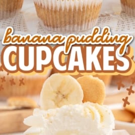 Banana Pudding Cupcakes topped with frosting, a slice of banana, and a vanilla wafer