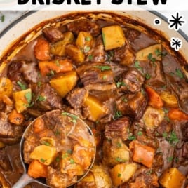 a pot of Beef Brisket Stew topped with parsley