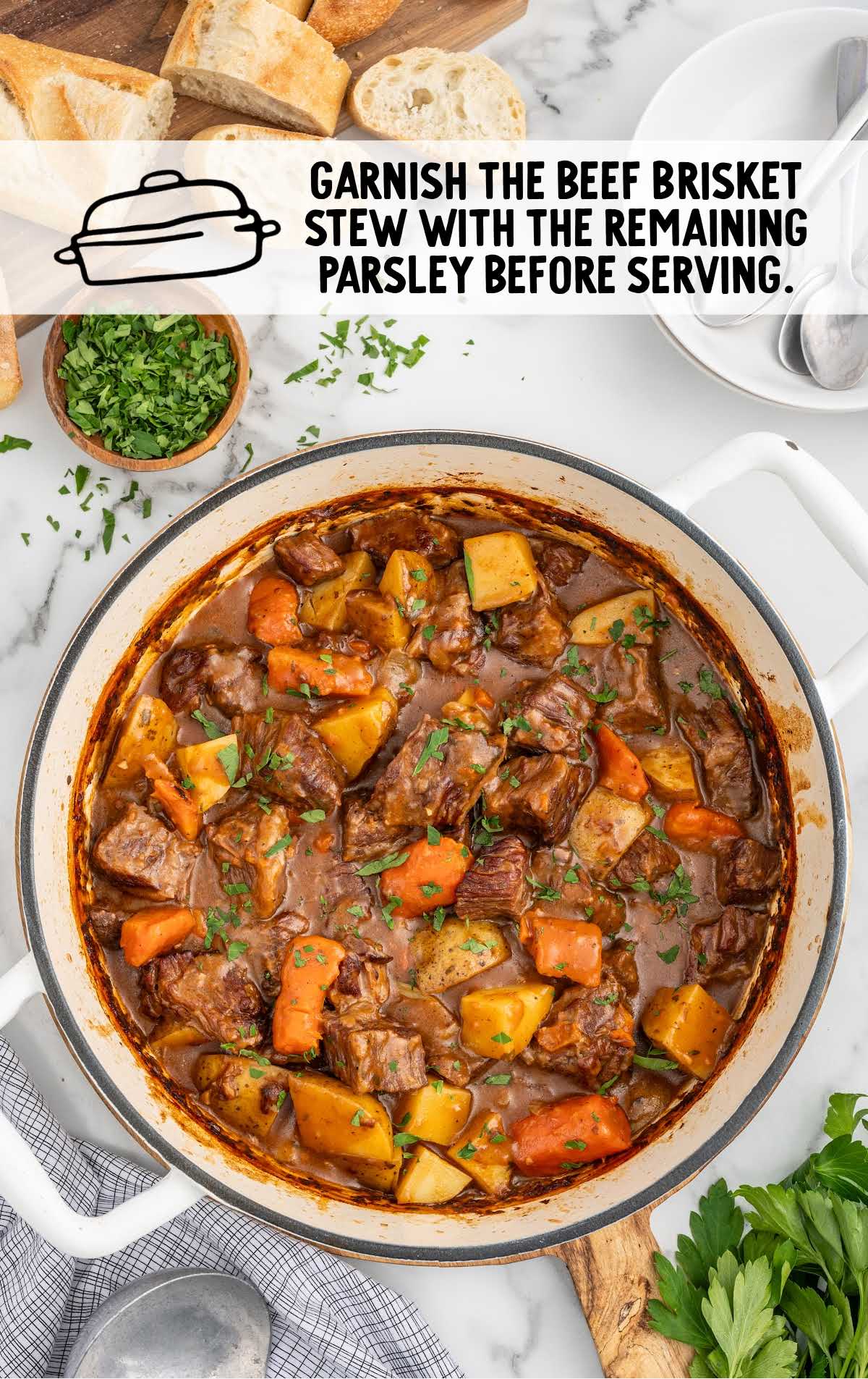 Beef Brisket Stew garnished with parsley