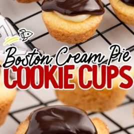 a bunch of Boston Cream Pie Cookie Cups on a cooling rack