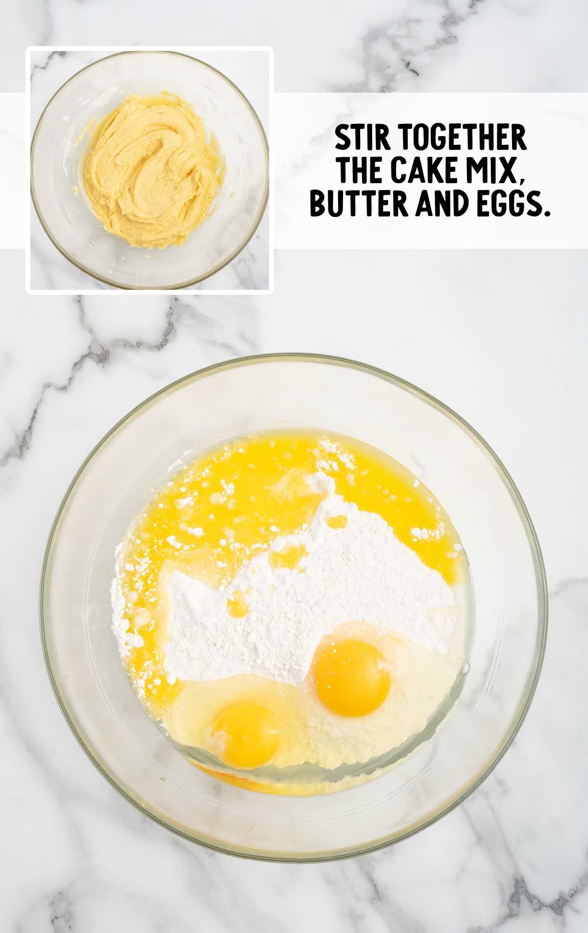 cake mix, butter, and eggs combined in a bowl