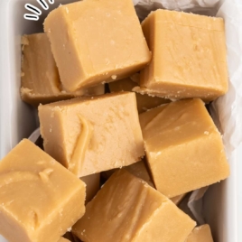 Brown Sugar Fudge stacked on top of each other in a dish