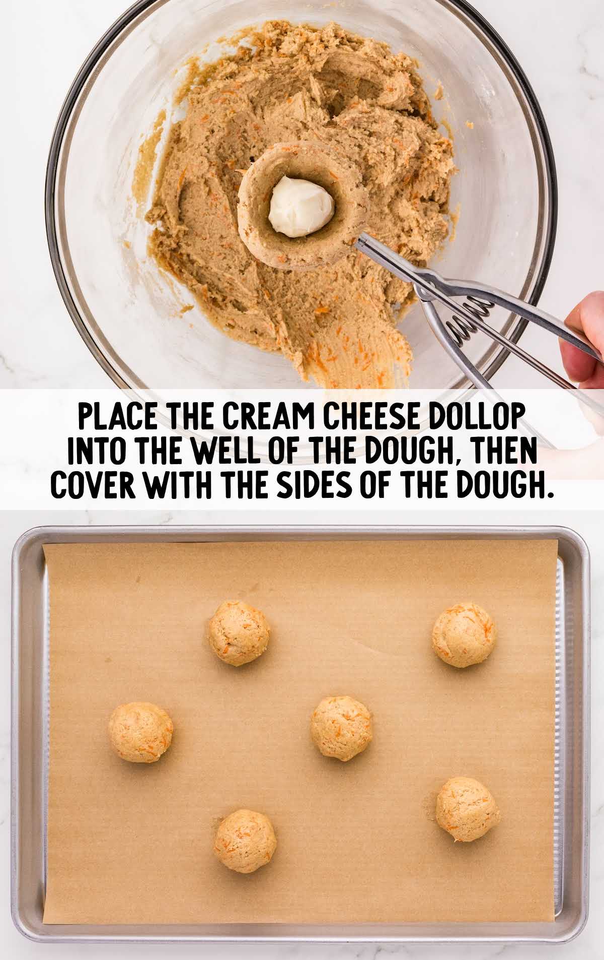 cream cheese dollop into the dough and placed on a baking sheet