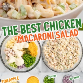 a bowl of Chicken Macaroni Salad and the ingredients