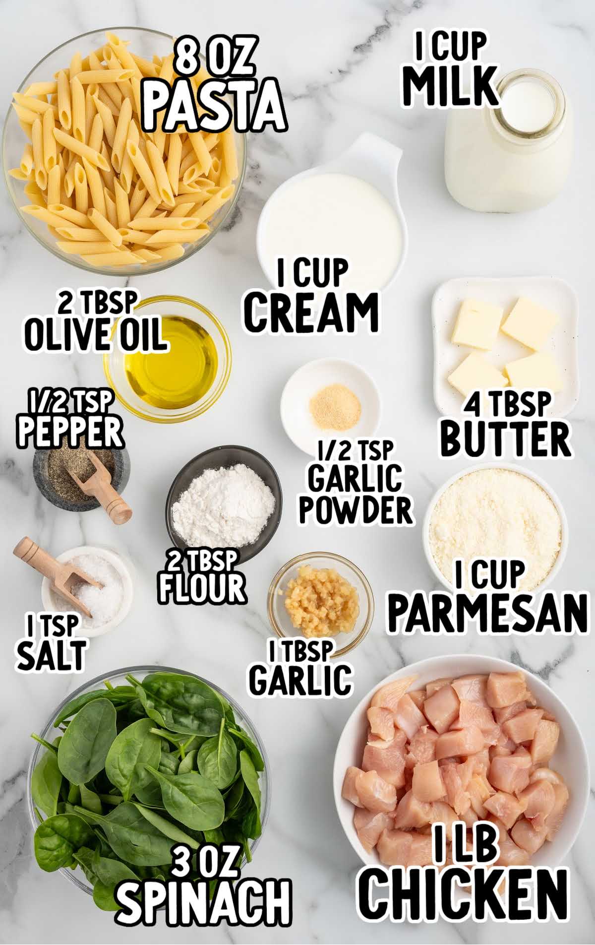 Chicken Spinach Alfredo raw ingredients that are labeled