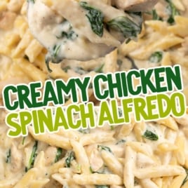 a pot of Chicken Spinach Alfredo with a large wooden spoon