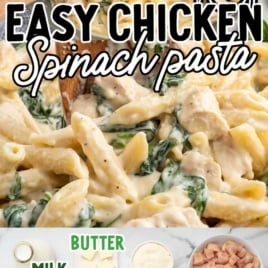 a pot of Chicken Spinach Alfredo with a large wooden spoon