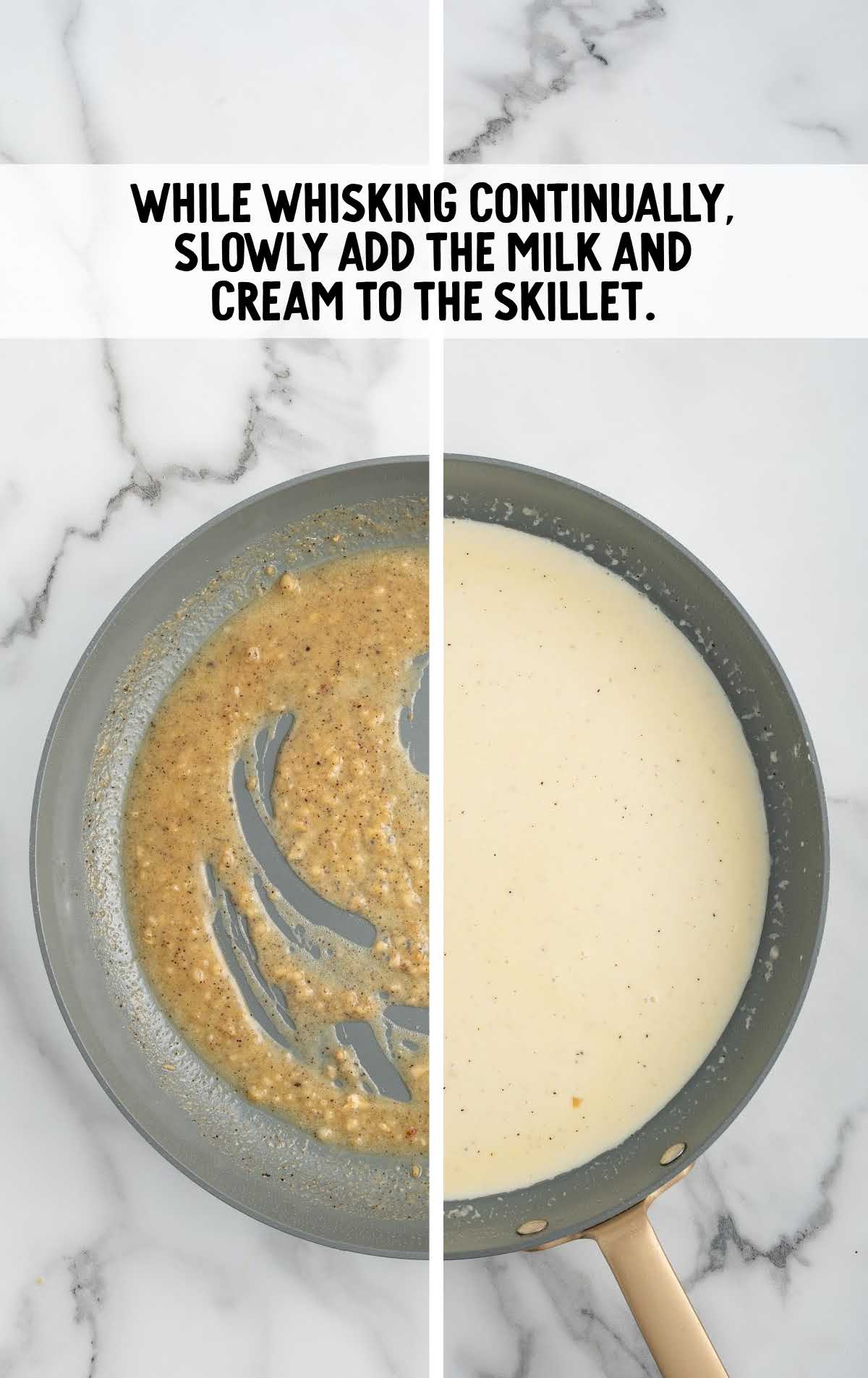 milk and heavy cream added to the skillet