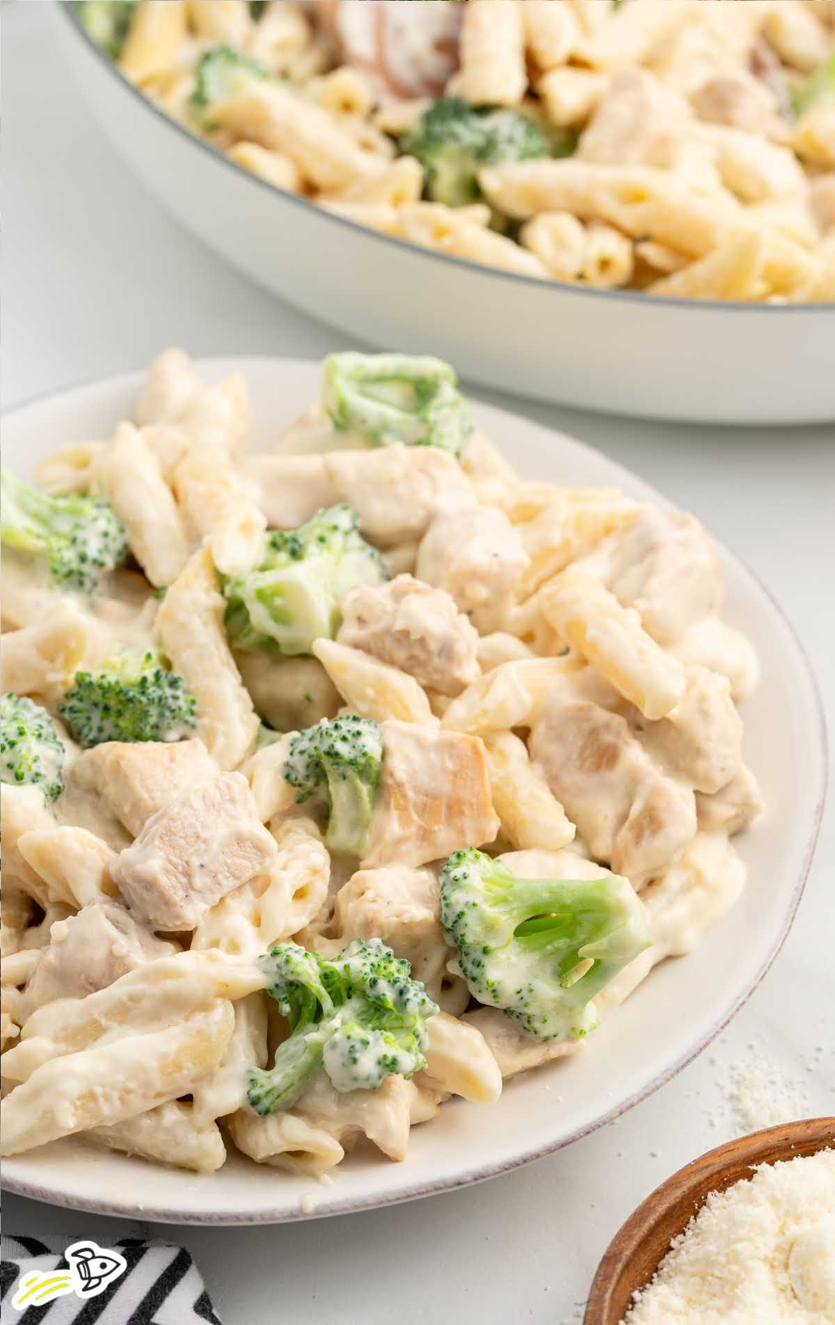 a plate of Chicken and Broccoli Penne Alfredo